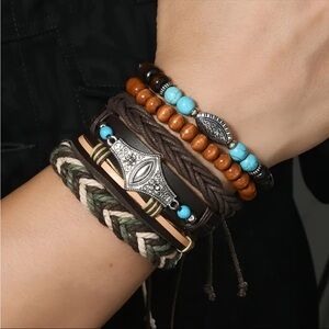 6pc Vintage Style Woven Faux Leather Bracelet Wooden Beads and Turquoise Accents